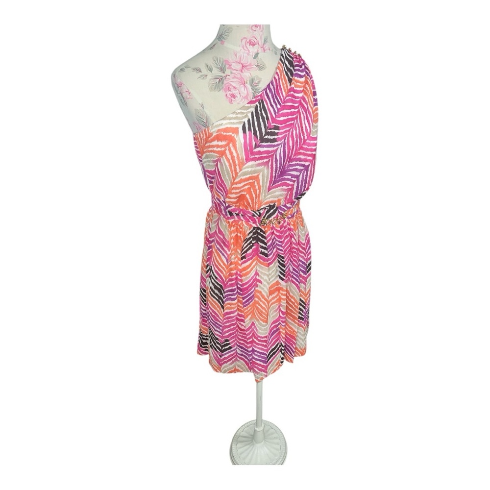 Trina Turk One Shoulder Dress - Pink, Orange, Brown 100% Silk - Picture 3 of 14